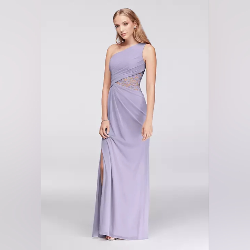 One-Shoulder Mesh Dress with Lace Inset Iris color size 18